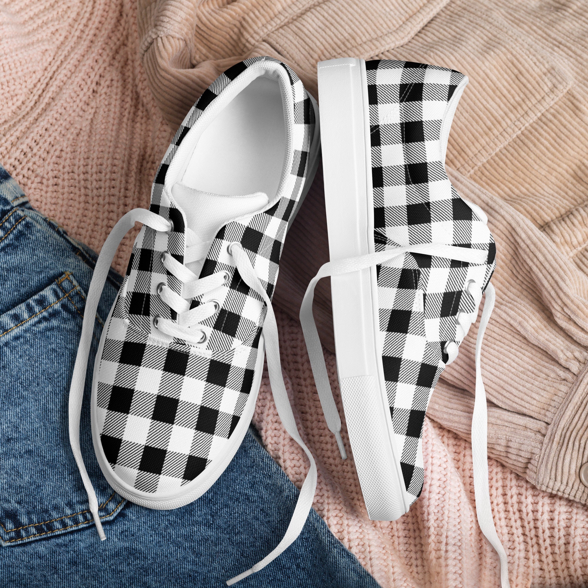 Black & White Plaid Sneakers, Stylish Lace-Up Canvas Shoes - Image 2