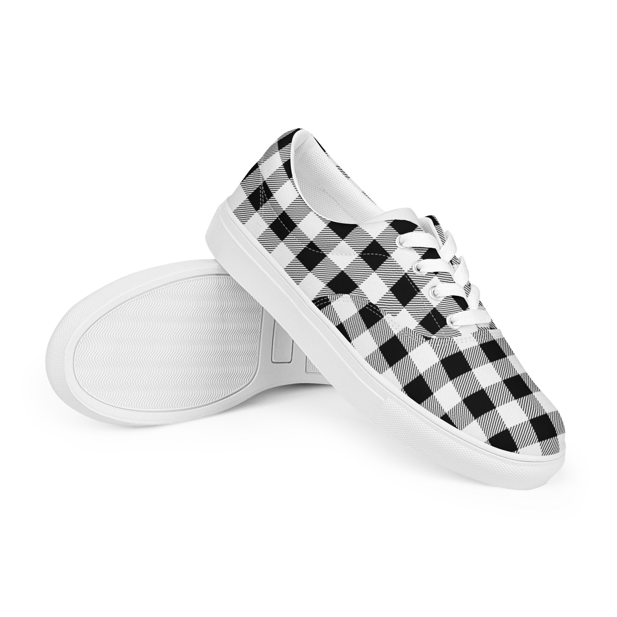 Black & White Plaid Sneakers, Stylish Lace-Up Canvas Shoes - Image 3