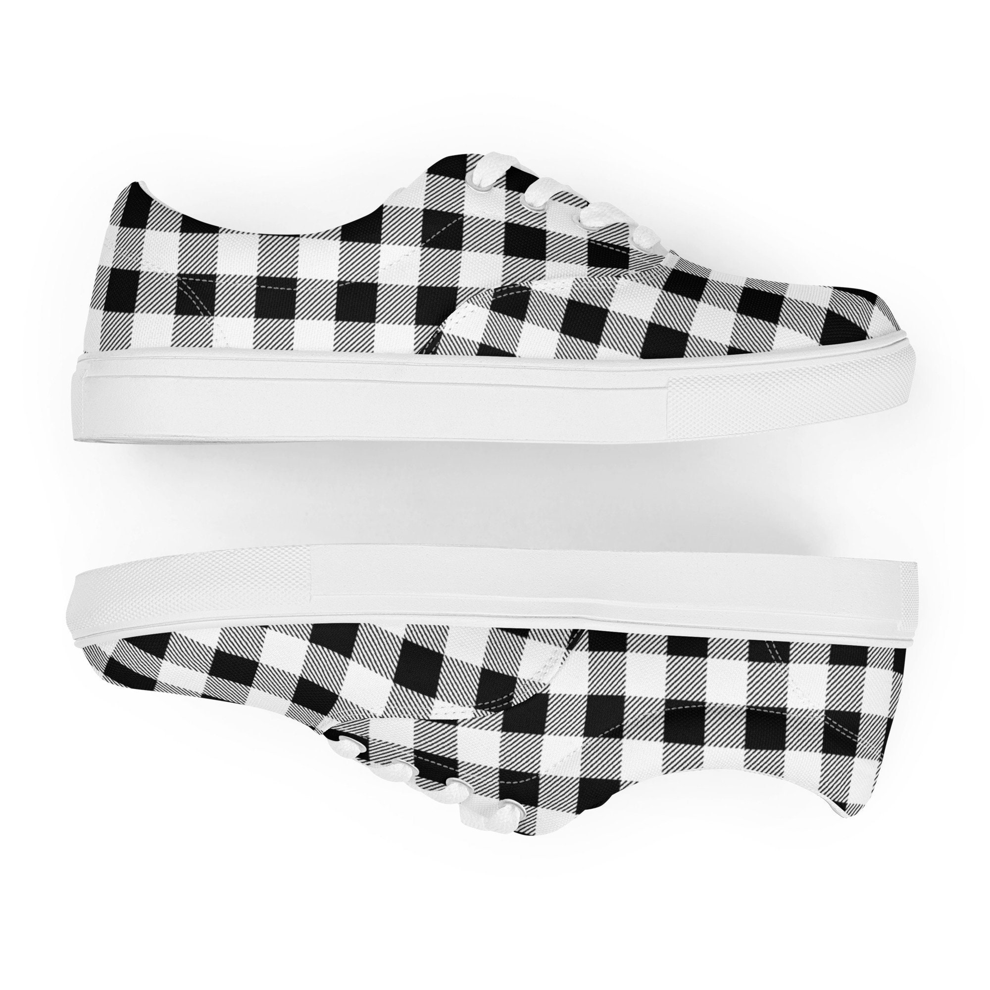 Black & White Plaid Sneakers, Stylish Lace-Up Canvas Shoes